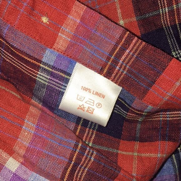 Red & Blue Martin Dingman Tartan Plaid Check 100% Linen LS Button down Shirt XL - Picture 6 of 7
